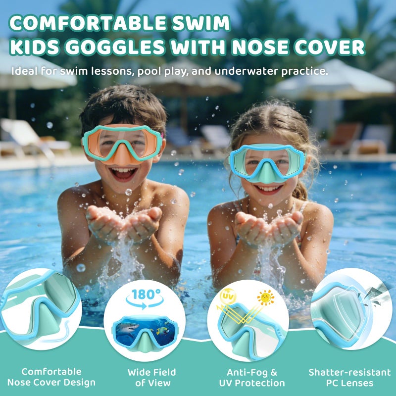 Vvinca 2 Pack Kids Swim Goggles with Nose Cover for Boys Girls 3-15, Anti Fog Diving Mask with Shatterproof Safety Lens for Toddler, Waterproof Swimming Goggles Value Set for Beach & Pool Beach - Image 2