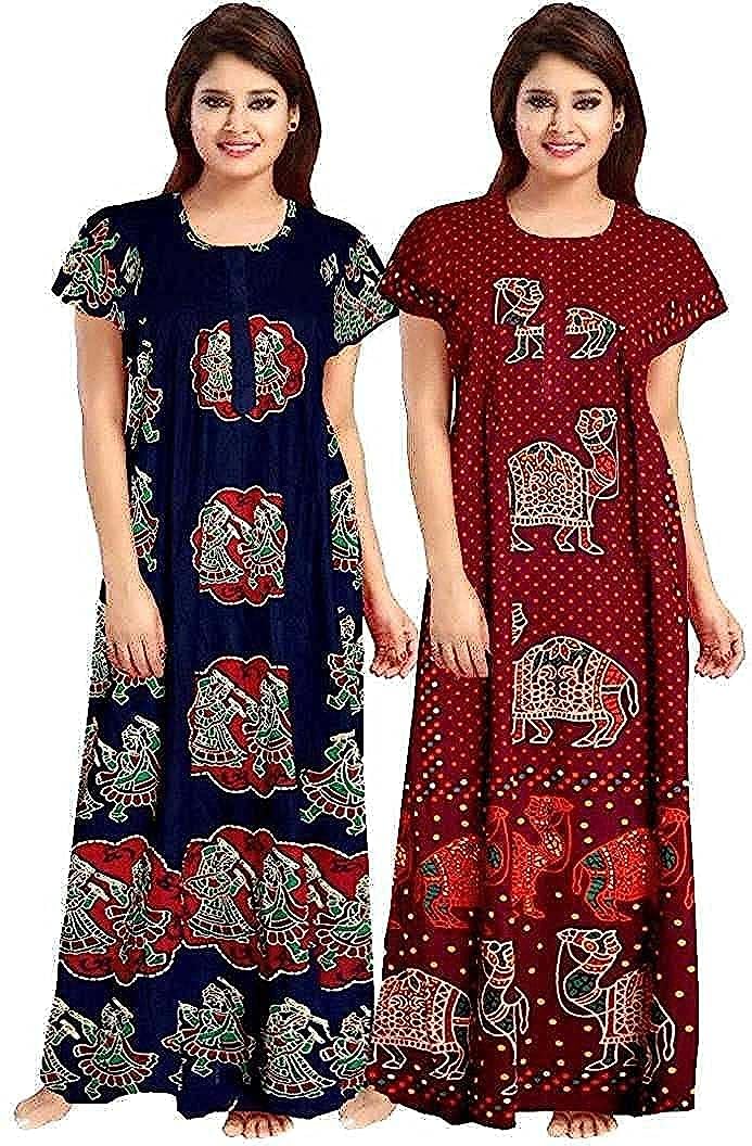 YUKATA Women's Cotton Printed Ankle Length Nighty - Free Size (Pack of 2) (Free Size, Blue&Maroon) - Image 1