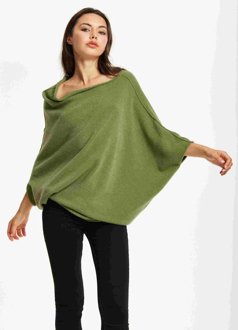 Liquorish Khaki Off-Shoulder Knit Poncho Top