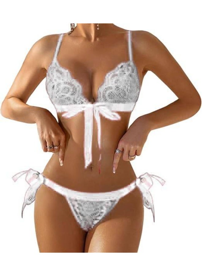Women's lace lingerie set, bra and panties with satin tie, one size