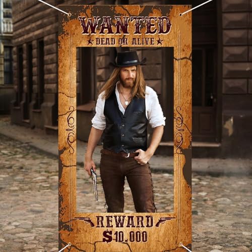 Sanixin Large Western Wanted Poster Western Cowboy Party Decoration Wanted Photo Booth Frame Wild West Selfie Banner Backdrop for West Cowboy Birthday Party Retro Rustic Decoration Supplies Brown - Image 1