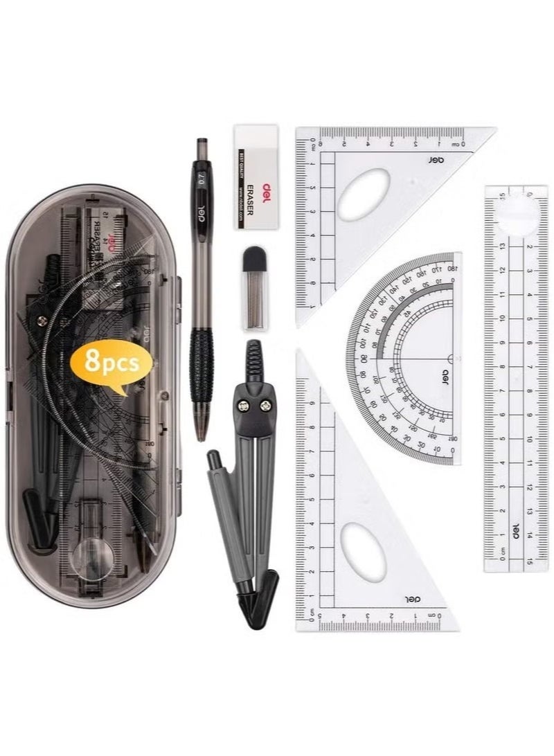 Deli 8 Pieces Maths Set, Geometry Compass Sets Exam Stationery Pencil Case,Math Kit Educational Supplies Drawing Compass and Protractor Set, Pencil Lead Refills, Pencil, Eraser, Rulers for School - Image 5