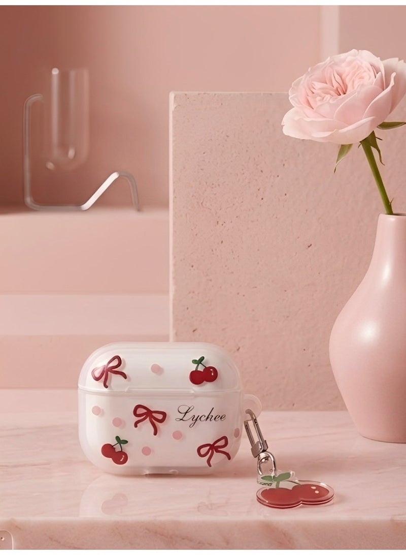 Earphone Case for AirPods 4, Lovely Transparent Bowknot Cherry Clear Case Soft Silicone Sleeve, AirPods 4 Cover Protective Skin Shockproof Protector for Earbuds +Cherry Keychain - Image 3