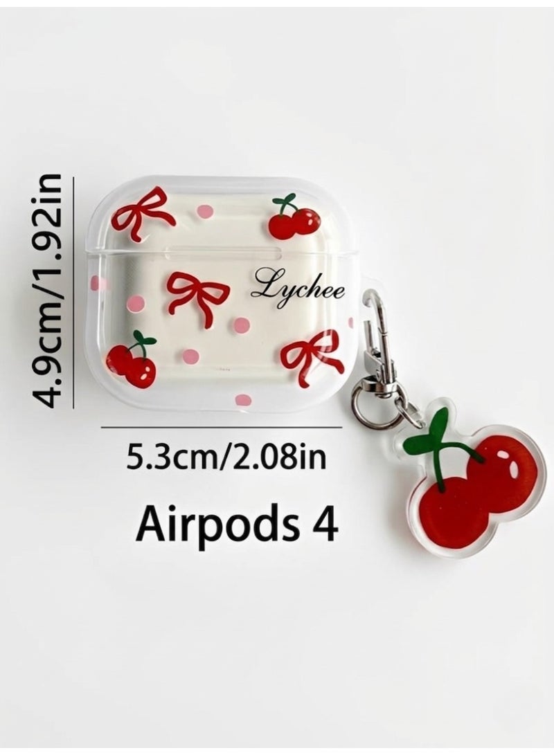 Earphone Case for AirPods 4, Lovely Transparent Bowknot Cherry Clear Case Soft Silicone Sleeve, AirPods 4 Cover Protective Skin Shockproof Protector for Earbuds +Cherry Keychain - Image 2