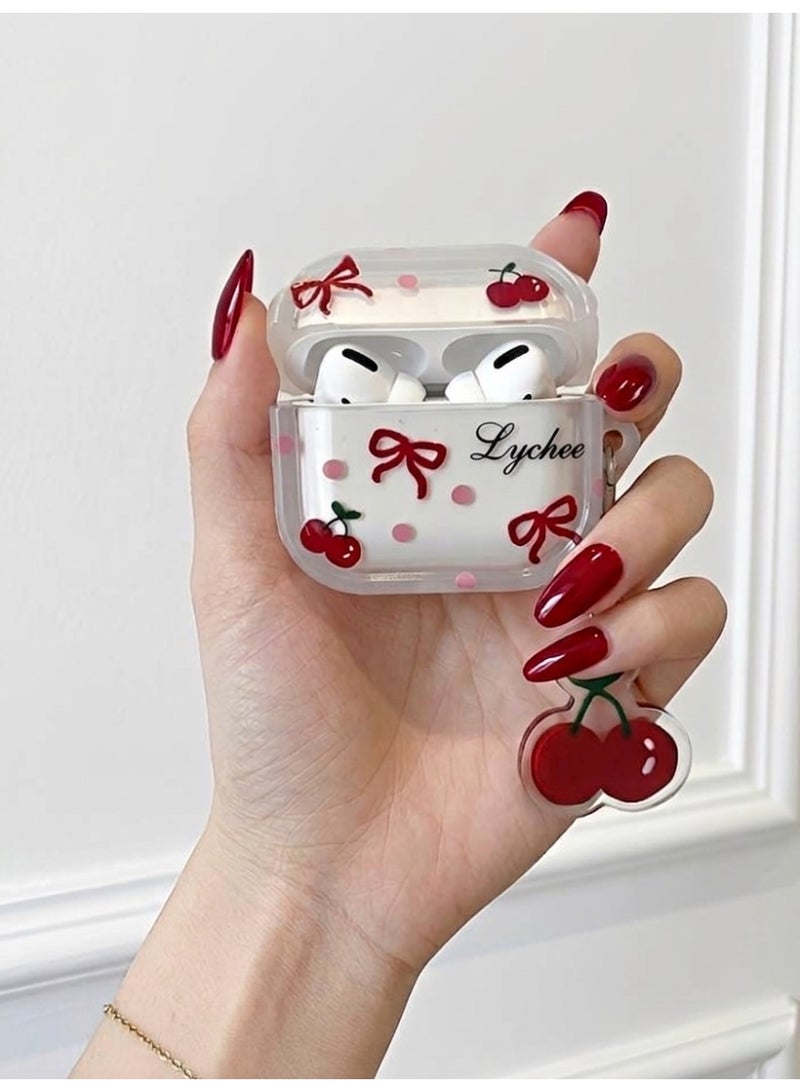 Earphone Case for AirPods 4, Lovely Transparent Bowknot Cherry Clear Case Soft Silicone Sleeve, AirPods 4 Cover Protective Skin Shockproof Protector for Earbuds +Cherry Keychain - Image 4