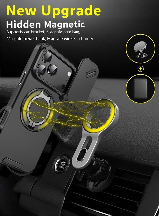 GKK for iPhone 17 Pro Max Case with Finger Ring|17 Pro Max Cover Slide Camera Lens Protector, Shockproof Magnetic Stand, 360° Rotating, Wireless Charging Compatible - Black - Image 4