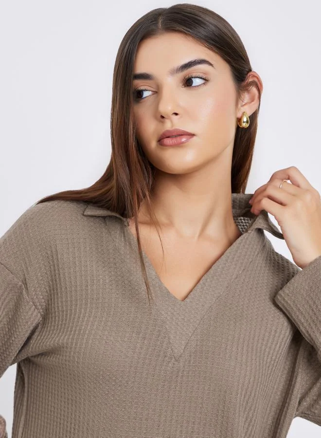 Styli Solid Waffle V-Neck Long Sleeve Top and Wide Leg Pants Set