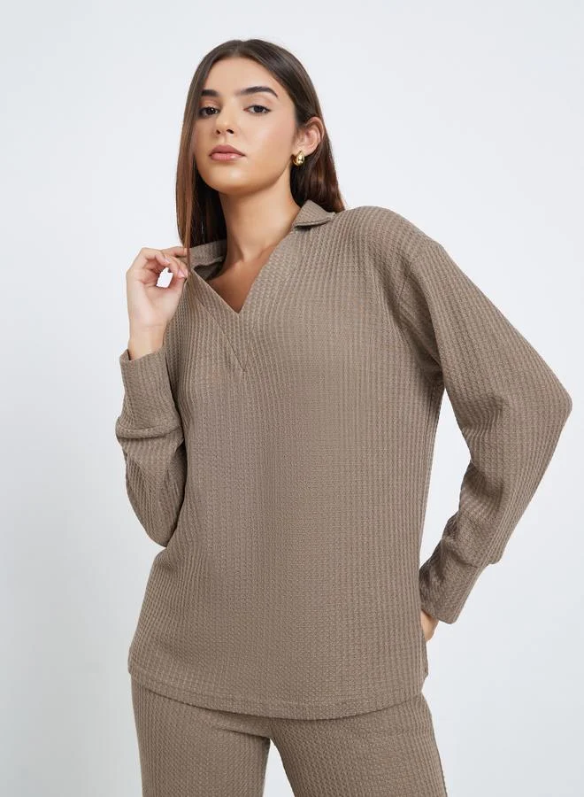 Styli Solid Waffle V-Neck Long Sleeve Top and Wide Leg Pants Set