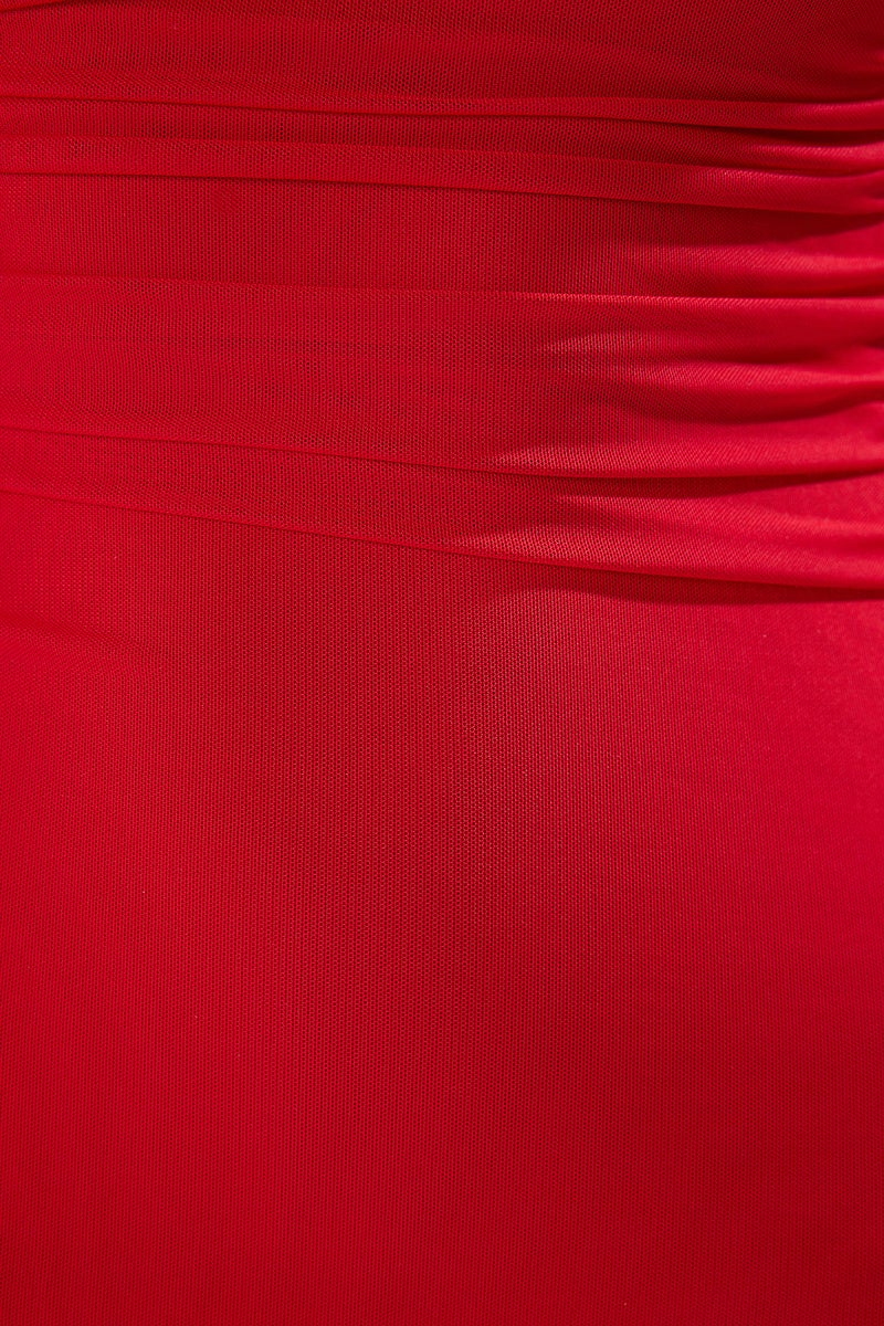 trendyol Red Bodycon Lined Tulle Knitted Evening Dress - Image 3