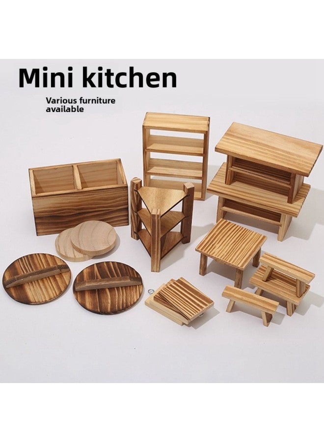 Children's Mini Kitchen Play House Toys Miniature Wooden Cabinet Table And Chair Set Simulation Small Furniture Cabinet Pot Lid-Color:Fruit Square Table