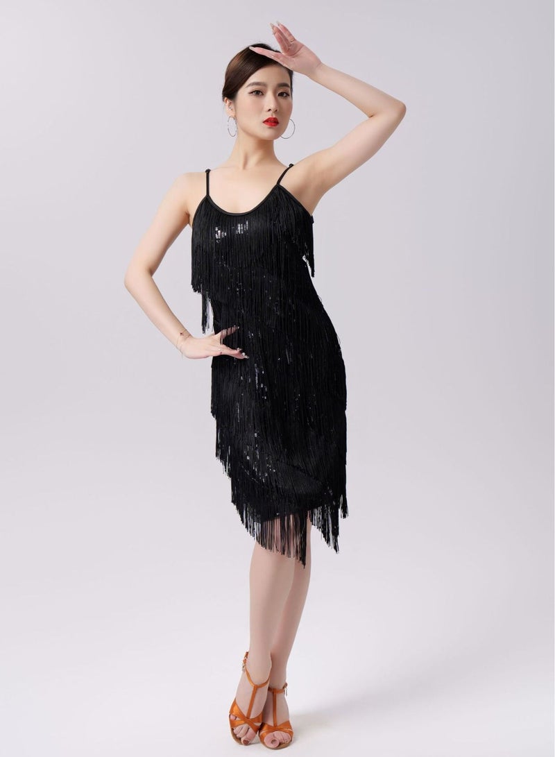 Loquat Women's Flapper Dress Sequin Tassel Latin Party Cocktail Slip Dress Ballroom Dance Costume Performance Dress Black 