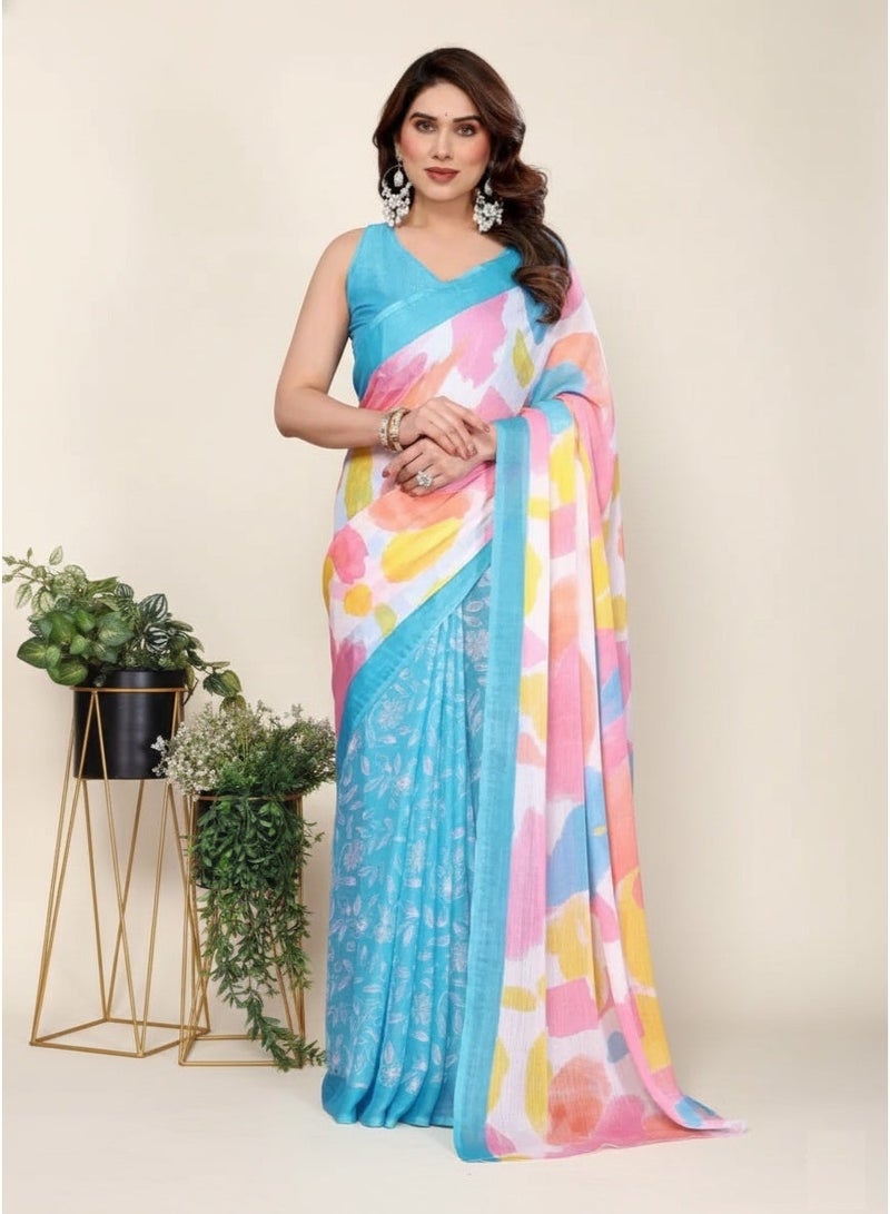 Chiffon Silk Saree, Women's Moss Chiffon Silk Printed Saree with Unstitched Blouse Piece |  Daily Wear, Festive, & Casual Occasions (Blue) - Image 2