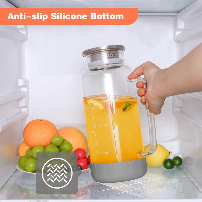 Aofmee 68oz Glass Pitcher with Lid, 2 Liter Water Carafe with Silicone Base and Precise Scale Line, Ice Tea Pitcher for Fridge, Anti-Slip Glass Jug for Sun Tea Juice Coffee Milk Beverage (Gray) - Image 2