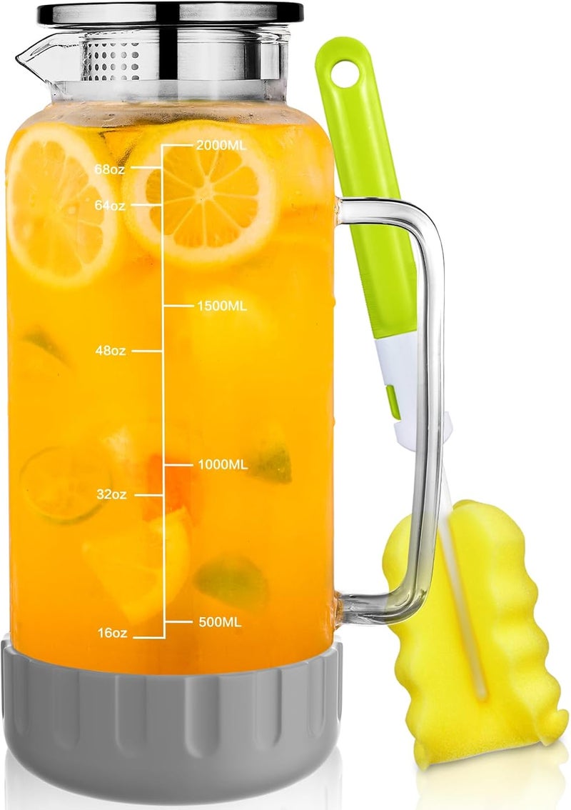 Aofmee 68oz Glass Pitcher with Lid, 2 Liter Water Carafe with Silicone Base and Precise Scale Line, Ice Tea Pitcher for Fridge, Anti-Slip Glass Jug for Sun Tea Juice Coffee Milk Beverage (Gray) - Image 1