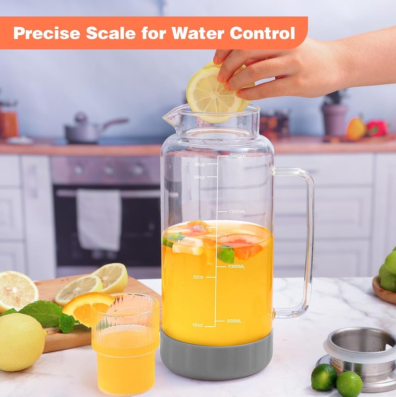Aofmee 68oz Glass Pitcher with Lid, 2 Liter Water Carafe with Silicone Base and Precise Scale Line, Ice Tea Pitcher for Fridge, Anti-Slip Glass Jug for Sun Tea Juice Coffee Milk Beverage (Gray) - Image 3