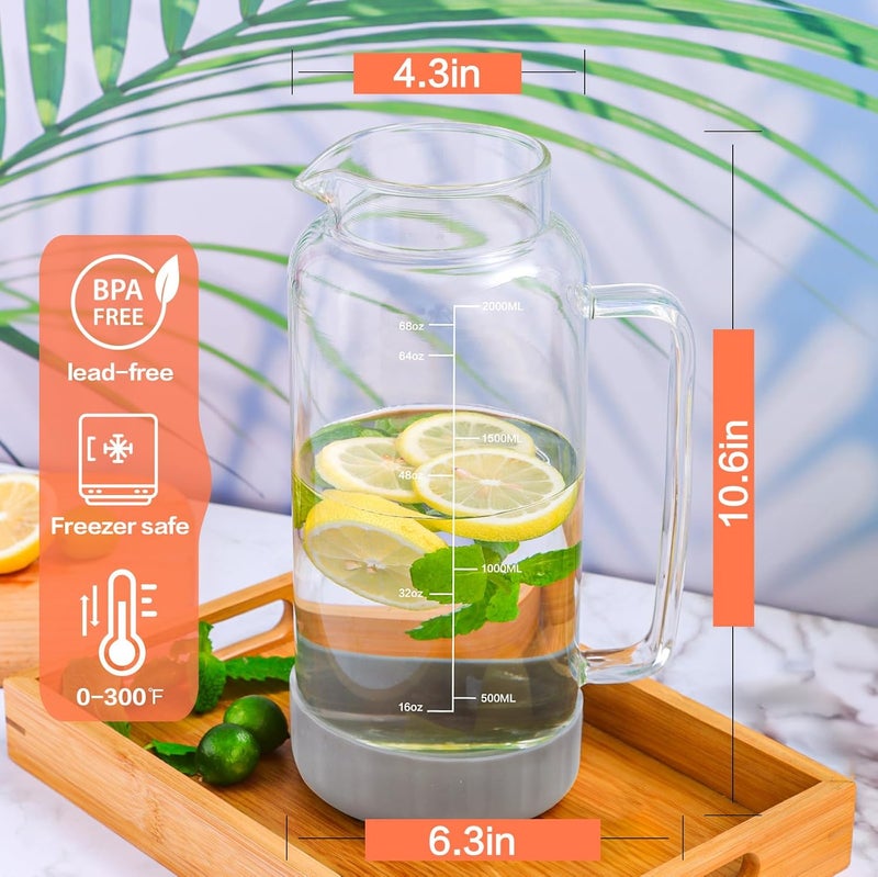 Aofmee 68oz Glass Pitcher with Lid, 2 Liter Water Carafe with Silicone Base and Precise Scale Line, Ice Tea Pitcher for Fridge, Anti-Slip Glass Jug for Sun Tea Juice Coffee Milk Beverage (Gray) - Image 4