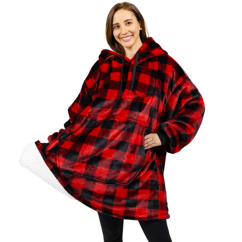PAVILIA PAVILIA Blanket Hoodie for Women Red  Sherpa Wearable Blanket Men  Cozy Oversized Sweatshirt Blanket  Warm Fleece Hooded Blanket Sweater with Sleeves and Giant Pocket  Checker Red - Image 1