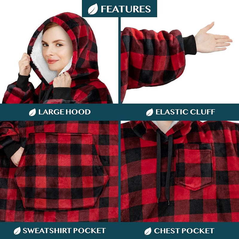 PAVILIA PAVILIA Blanket Hoodie for Women Red  Sherpa Wearable Blanket Men  Cozy Oversized Sweatshirt Blanket  Warm Fleece Hooded Blanket Sweater with Sleeves and Giant Pocket  Checker Red - Image 4