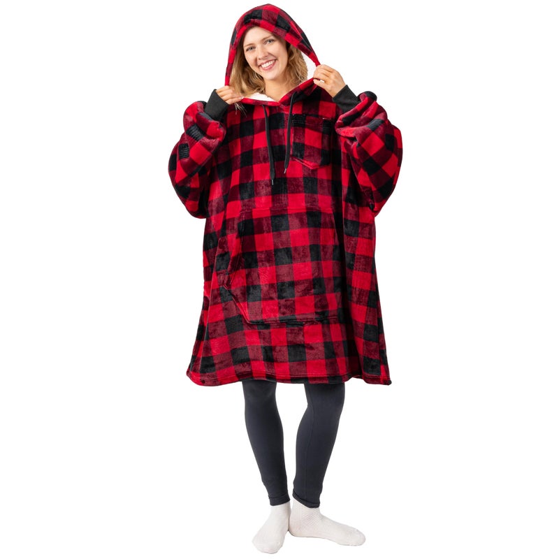 PAVILIA PAVILIA Blanket Hoodie for Women Red  Sherpa Wearable Blanket Men  Cozy Oversized Sweatshirt Blanket  Warm Fleece Hooded Blanket Sweater with Sleeves and Giant Pocket  Checker Red - Image 2