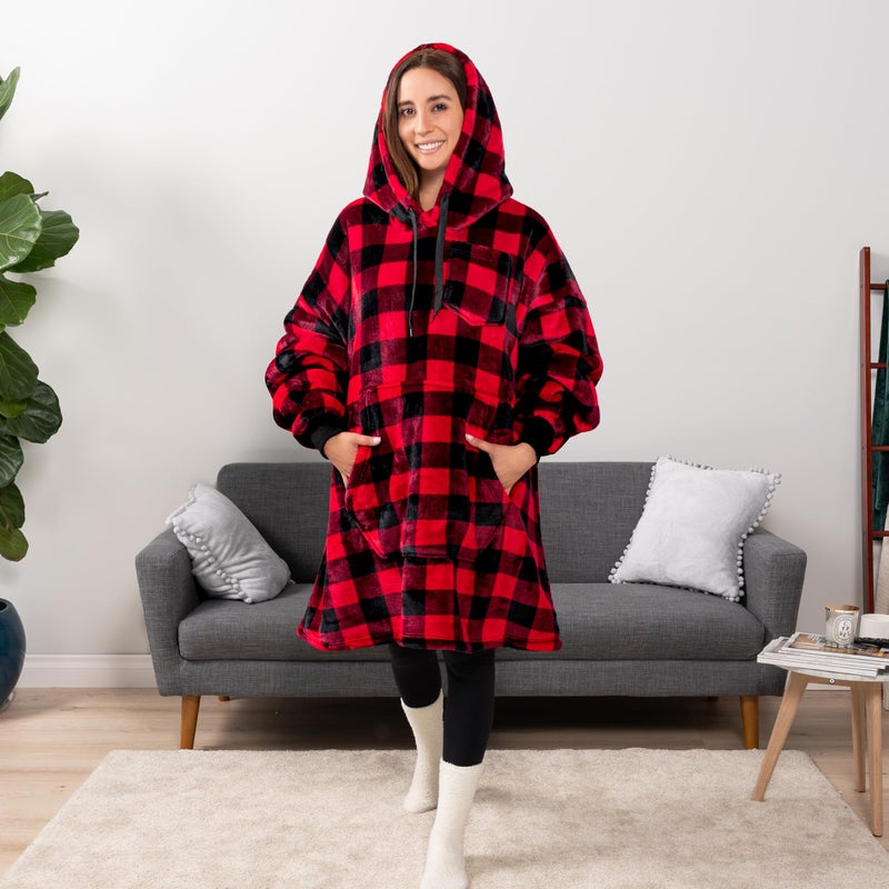 PAVILIA PAVILIA Blanket Hoodie for Women Red  Sherpa Wearable Blanket Men  Cozy Oversized Sweatshirt Blanket  Warm Fleece Hooded Blanket Sweater with Sleeves and Giant Pocket  Checker Red - Image 5
