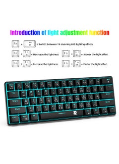 Rock Pow 61 keys 60% Mechanical Gaming Keyboard Arabic English Ice Blue Backlit Ultra-Compact Mini Keyboard, Mini Compact Keyboard for PC/Mac Gamer, Typist, Easy Carry on Trip Red Switch Black  - Image 2