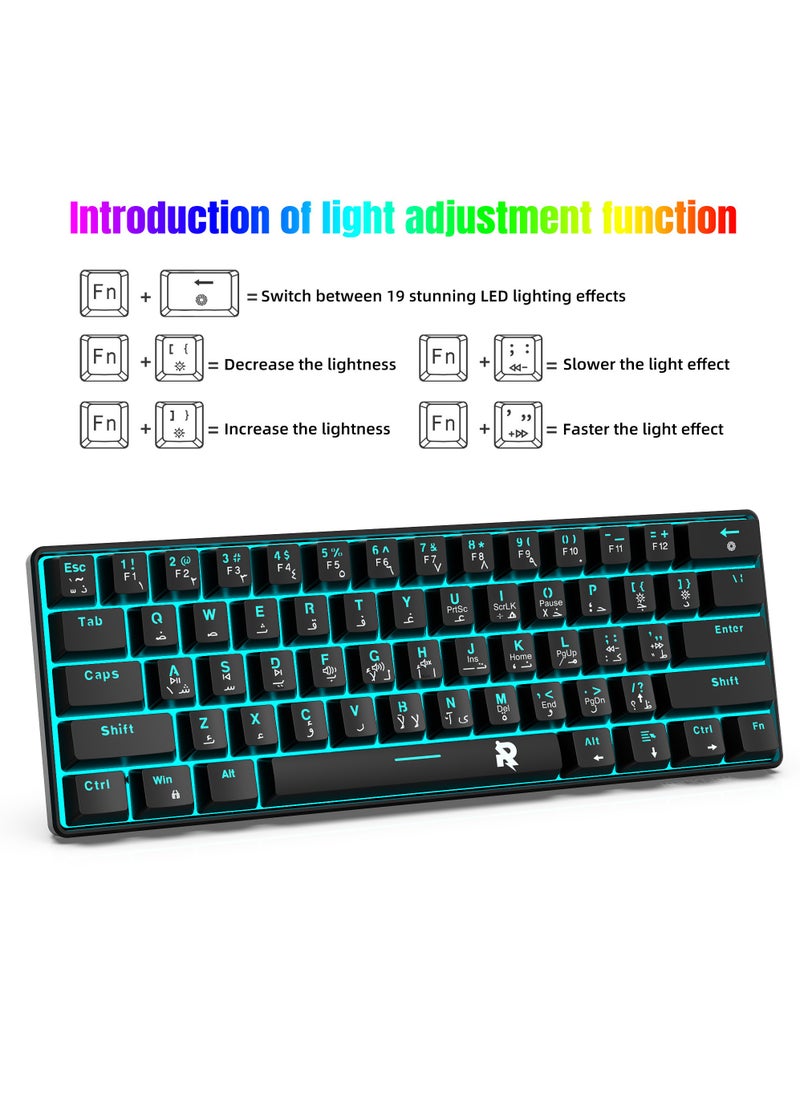 Rock Pow - 61 keys 60% Mechanical Gaming Keyboard Arabic English Ice Blue Backlit Ultra-Compact Mini Keyboard, Mini Compact Keyboard for PC/Mac Gamer, Typist, Easy Carry on Trip Red Switch Black - Image 1