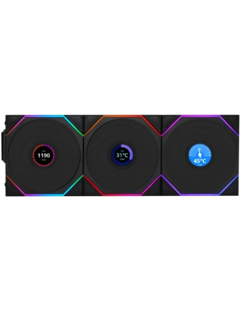 ليان لي مراوح تبريد كمبيوتر UNI FAN TL LCD لاسلكية ثلاثية الدوران العكسي، مقاس 120 مم، شاشة IPS LCD مقاس 1.6 بوصة، منطقتان RGB، سلسلة متشابكة، تحكم لاسلكي بتردد 2.4 جيجاهرتز، تتضمن وحدة تحكم لاسلكية L، لون أسود | 12RTLLCD1W3B - Image 1