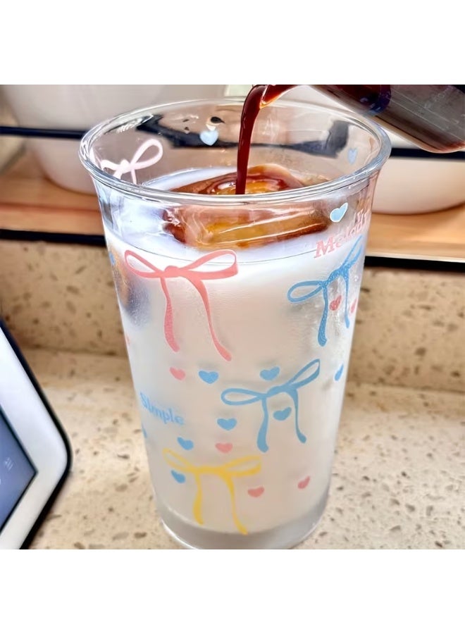 KITCHENOO Clear glass cups, glass milk cups with an attractive bow and polka dot design, coffee cups, breakfast cups, water cups - Image 2