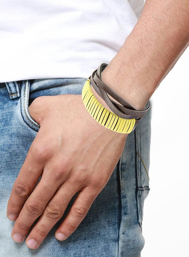 ZIVOM® Funky Biker Yellow Brown Faux Leather Wrist Band Strap Bracelet Men - Image 4