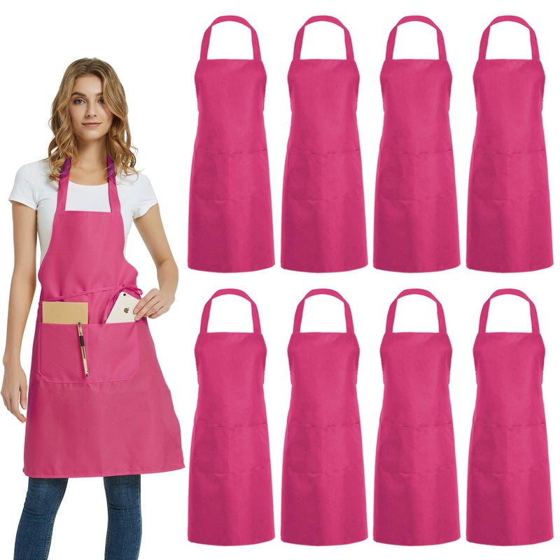 DUSKCOVE 8 Pack Bib Aprons Bulk  Unisex Pink Commercial Apron with 2 Pockets for Kitchen Crafting BBQ Drawing Cooking