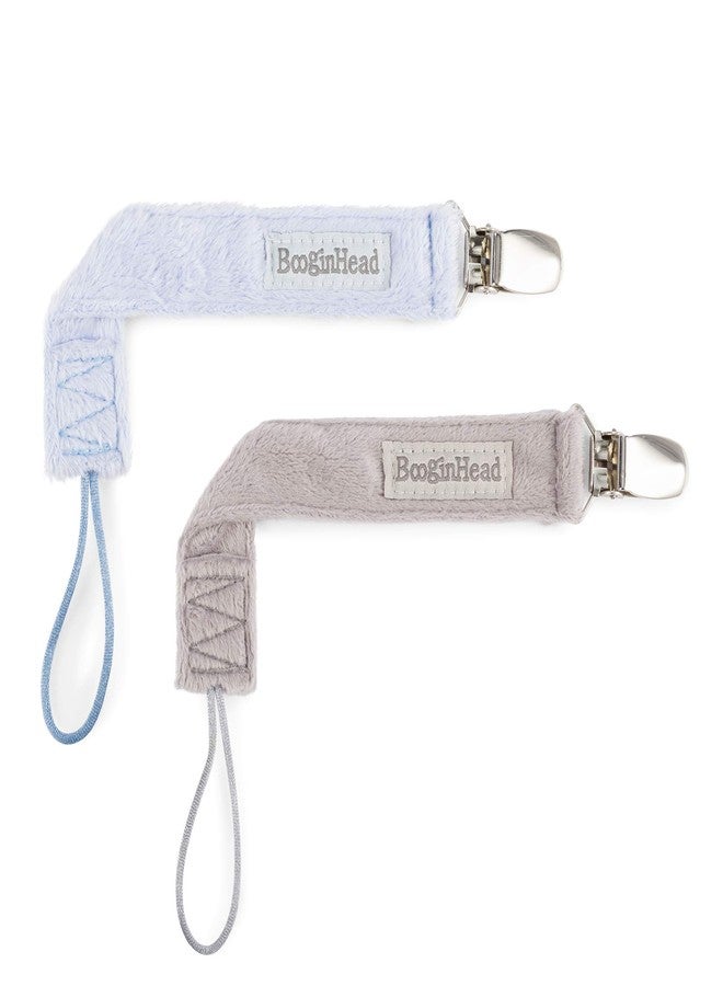 BooginHead Luxe Pacifier Holder Baby Pacifier Clips 2-Pack, Plush Blue and Gray - Image 1