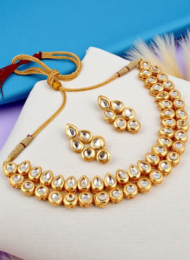 LUCKY JEWELLERY 18K Gold-Plated Kundan Studded Meenakari Choker Necklace & Earrings Set - Image 3