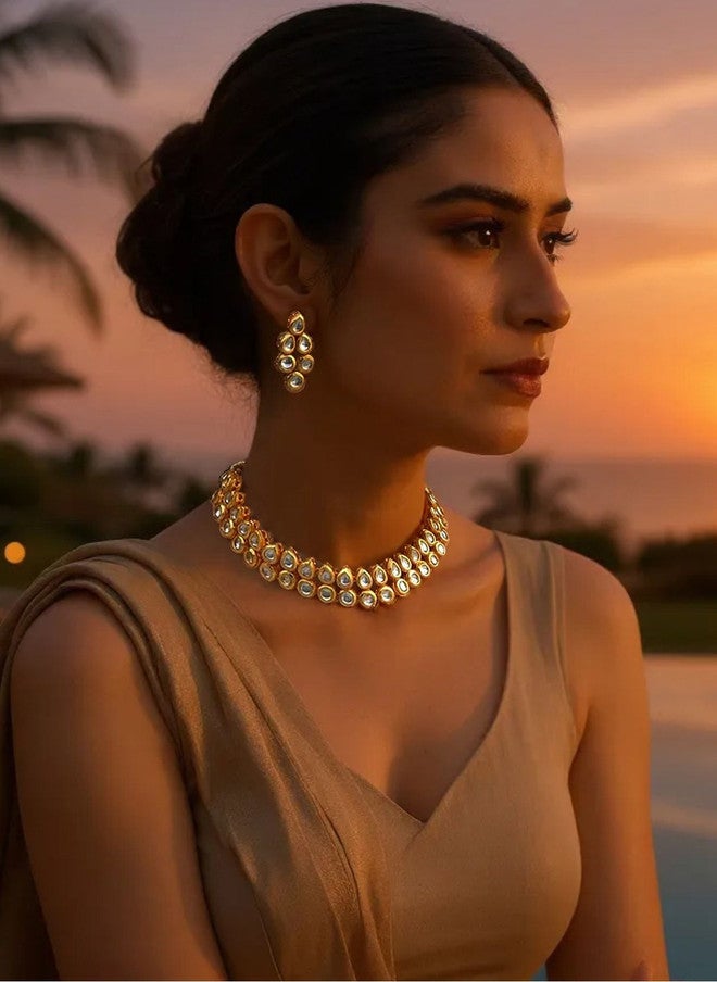 LUCKY JEWELLERY 18K Gold-Plated Kundan Studded Meenakari Choker Necklace & Earrings Set - Image 2
