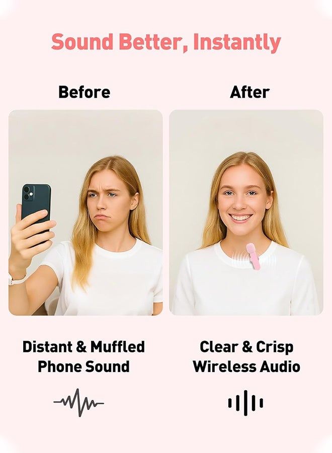 Wffo Wireless Mini Microphone - 2 in 1 Lapel Mic for Video Recording, Wireless Mini Lapel Microphone for iPhone iPad & Android Phone - Plug Play (Pink) - Image 5
