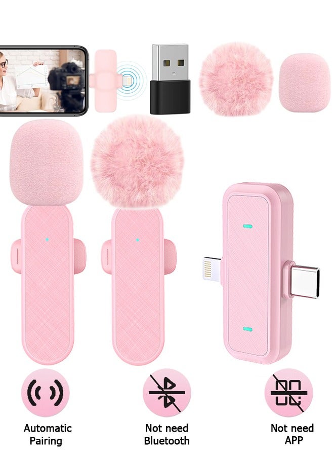 Wireless Mini Microphone - 2 in 1 Lapel Mic for Video Recording, Wireless Mini Lapel Microphone for iPhone iPad & Android Phone - Plug Play (Pink)