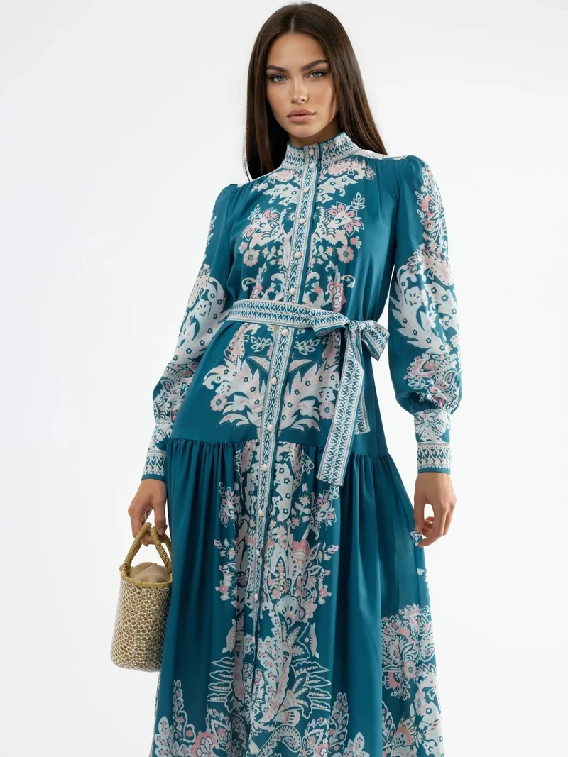 جينيفر Maxi Dress with Mandarin Collar and Belt