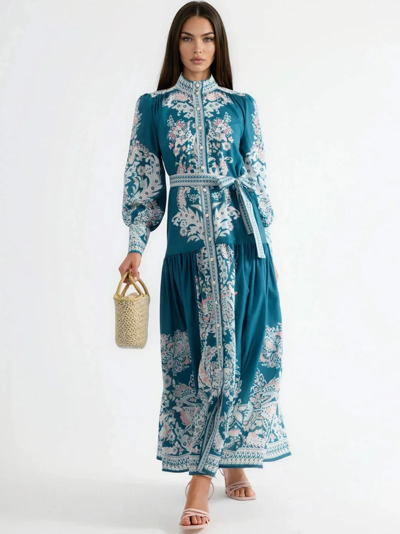 جينيفر Maxi Dress with Mandarin Collar and Belt