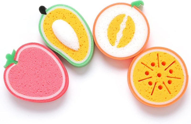 Bath Sponge for Kids, Set of 4 Fruit Sponges, Bath Sponge Loofah, Kids Fun Bath (Kiwi, Orange, Strawberry & Watermelon)