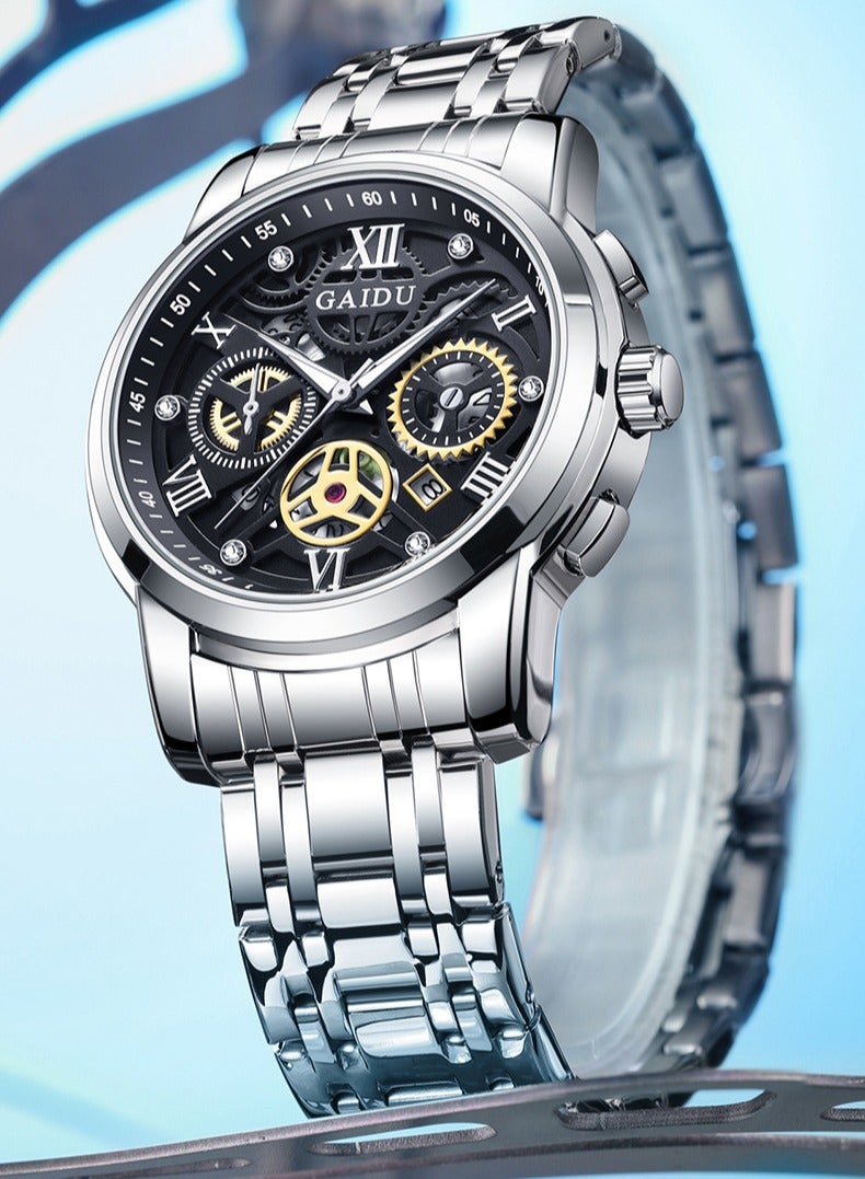 لا يتطلب الترجمة ساعة رجالية فاخرة بتصميم ميكانيكي، كوارتز بهيكل شفاف، سوار من الفولاذ المقاوم للصدأ، مضيئة ومقاومة للماء - Image 1