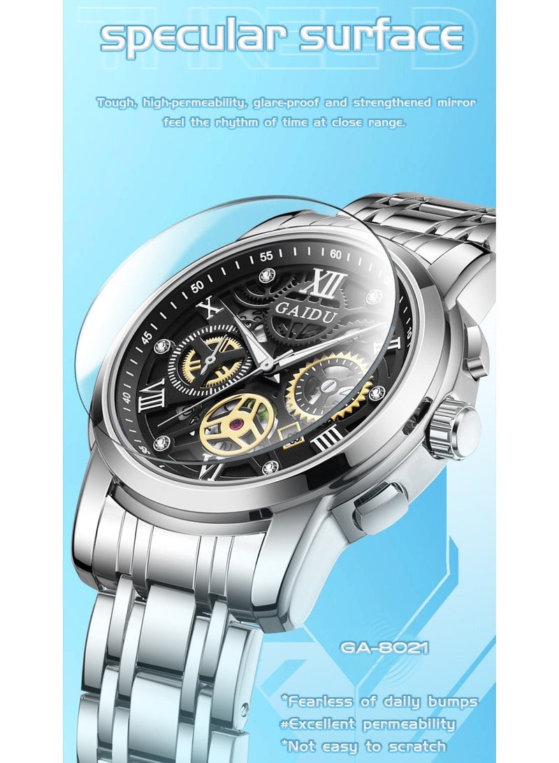 لا يتطلب الترجمة ساعة رجالية فاخرة بتصميم ميكانيكي، كوارتز بهيكل شفاف، سوار من الفولاذ المقاوم للصدأ، مضيئة ومقاومة للماء - Image 2