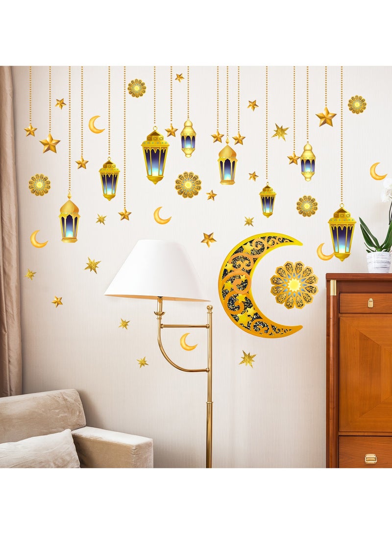 EYSOO Ramadan Wallpapers 2 Pack Ramadan Kareem Wall Stickers Eid Mubarak Wall Decor Stickers Moon Star Lantern Wall Decals for Living Room Bedroom Decoration (Received Size 30cm*40cm) - Image 1