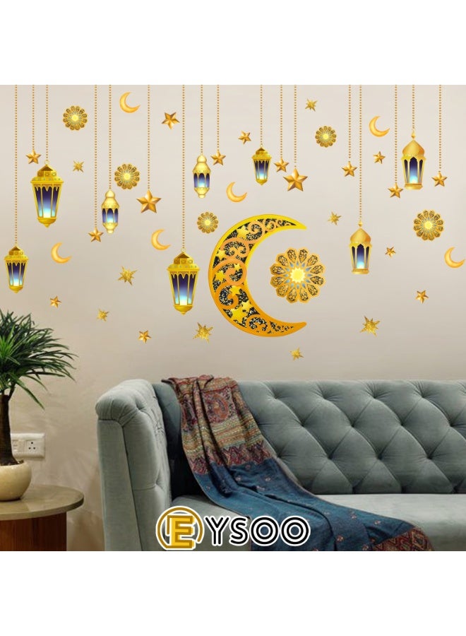 EYSOO Ramadan Wallpapers 2 Pack Ramadan Kareem Wall Stickers Eid Mubarak Wall Decor Stickers Moon Star Lantern Wall Decals for Living Room Bedroom Decoration (Received Size 30cm*40cm) - Image 3