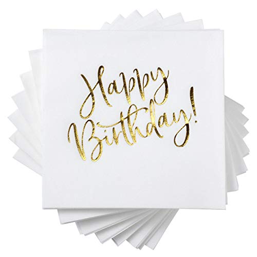 MORGIANA 50 Pack Happy Birthday Napkins  Luxury White Gold Birthday Dinner Napkins 16 x 16 inch  Airlaid Paper  Happy Birthday Napkins White  Linen Feel Birthday Party Napkin for Anniversary  Parties - Image 1