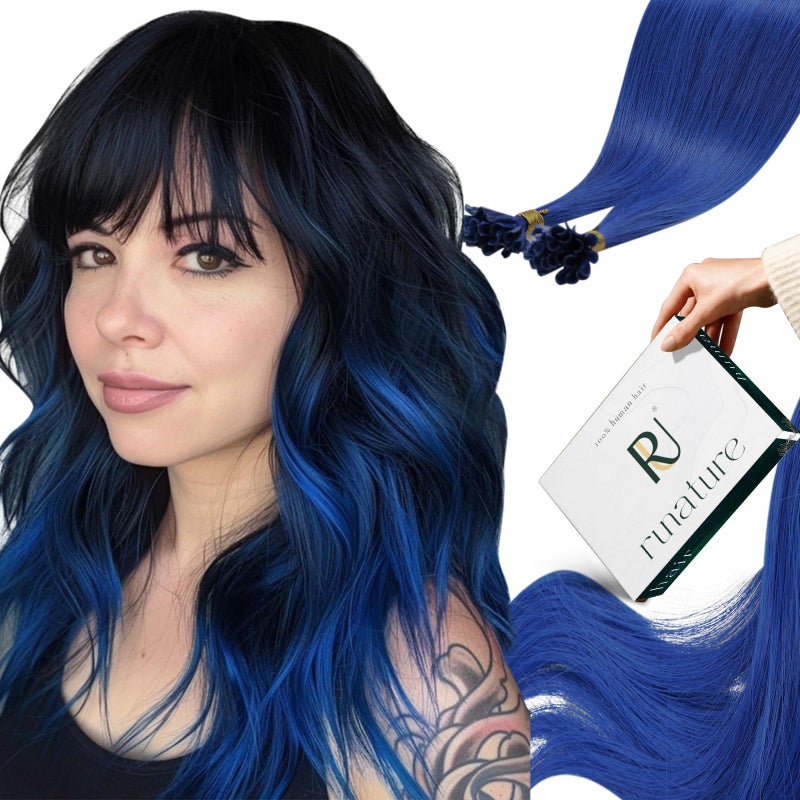 RUNATURE U Tip Human Hair Extensions Hot Fusion Blue Hair Extensions Straight Real Hair for Party Highlight Long Lasting U Tip Hair Extensions Human Hair 20g 25s