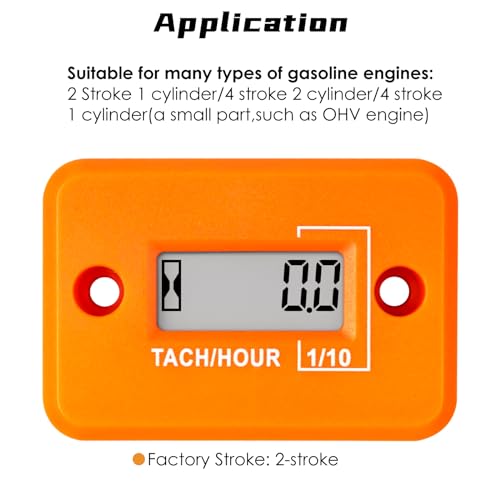Jayron Nine-Rong Self-Powered Tach Hour Meter Digital LCD Inductive Tachometer Timing RPM Measuring Waterproof Design,for Gas Engine Lawn Mower Motorcycle Snowmobile Generator(2 Stroke)(Orange) - Image 2