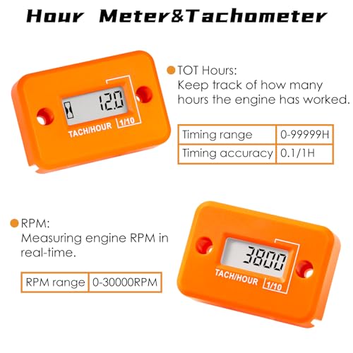 Jayron Nine-Rong Self-Powered Tach Hour Meter Digital LCD Inductive Tachometer Timing RPM Measuring Waterproof Design,for Gas Engine Lawn Mower Motorcycle Snowmobile Generator(2 Stroke)(Orange) - Image 4
