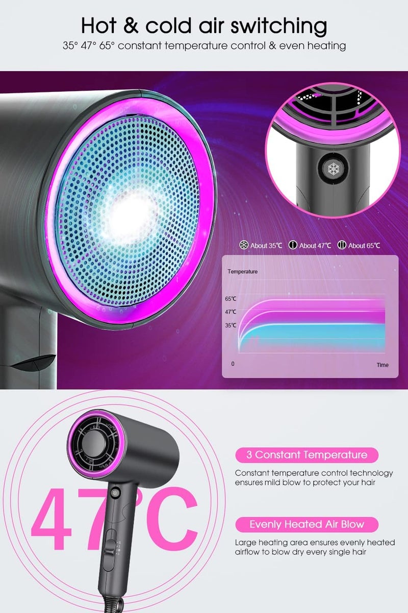 Oxsaytee 1800W Ionic Hair Dryer, Professional Salon Hair Blow Dryer, 3 Heating/2 Speed/Cold Settings Blow Dryer with 2 Concentrator, 1 Diffuser Foldable Hair Dryer For Home Salon Travel - Image 5