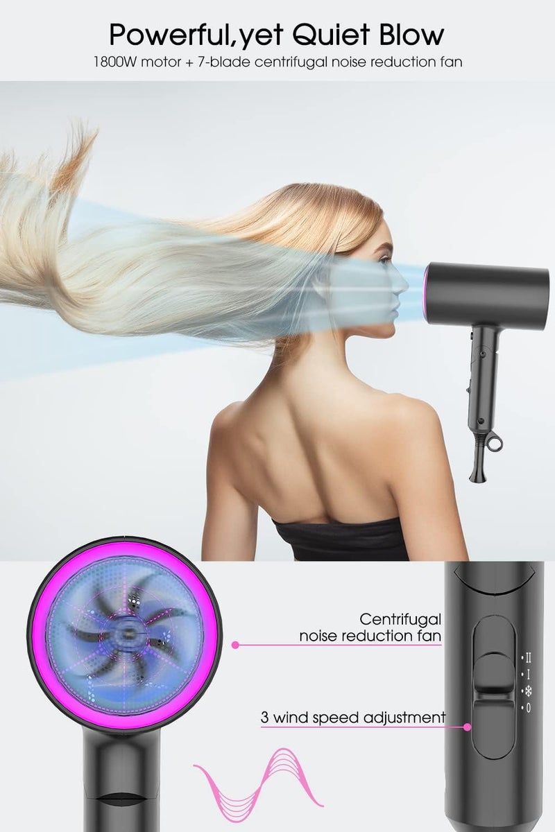 Oxsaytee 1800W Ionic Hair Dryer, Professional Salon Hair Blow Dryer, 3 Heating/2 Speed/Cold Settings Blow Dryer with 2 Concentrator, 1 Diffuser Foldable Hair Dryer For Home Salon Travel - Image 4