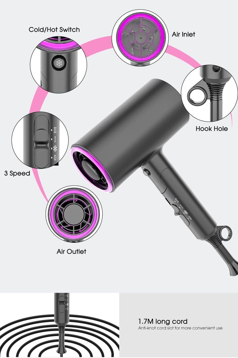 Oxsaytee 1800W Ionic Hair Dryer, Professional Salon Hair Blow Dryer, 3 Heating/2 Speed/Cold Settings Blow Dryer with 2 Concentrator, 1 Diffuser Foldable Hair Dryer For Home Salon Travel - Image 2