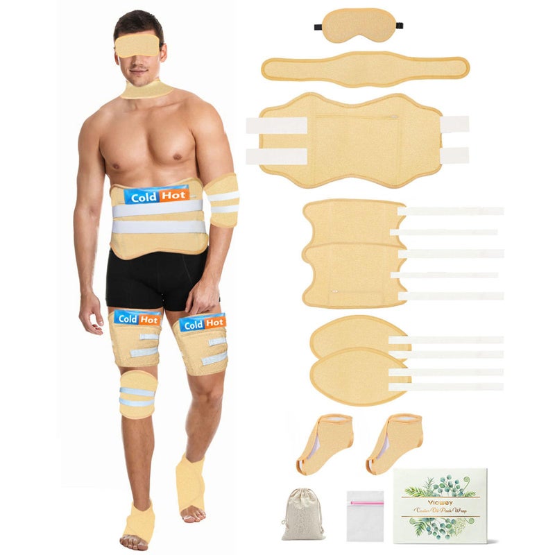 11 PCS Castor Oil Pack Wrap for Men Castor Oil Wraps for Entire Body Plus Size Castor Oil Pads Set for Eyes Stomach Knees Legs Feet Flannel Cotton Adjustable Straps Reusable Machine Washable